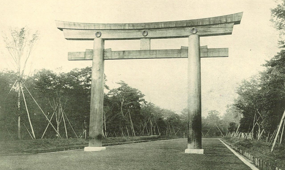 Khung cảnh của cổng Torii ở đền Meiji khi mới được trồng cây hai bên.